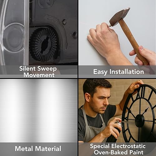 Miniatura 107 de Reloj de pared de metal de 20 pulgadas, redondo, silencioso, moderno, analógico, grande, funciona con pilas, reloj de pared para sala de estar, Negro