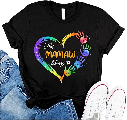 Camisa personalizada con las manos con nombre de Mamaw Belongs to Grandchildren Regalo personalizado para el día de la madre, Navidad, cumpleaños