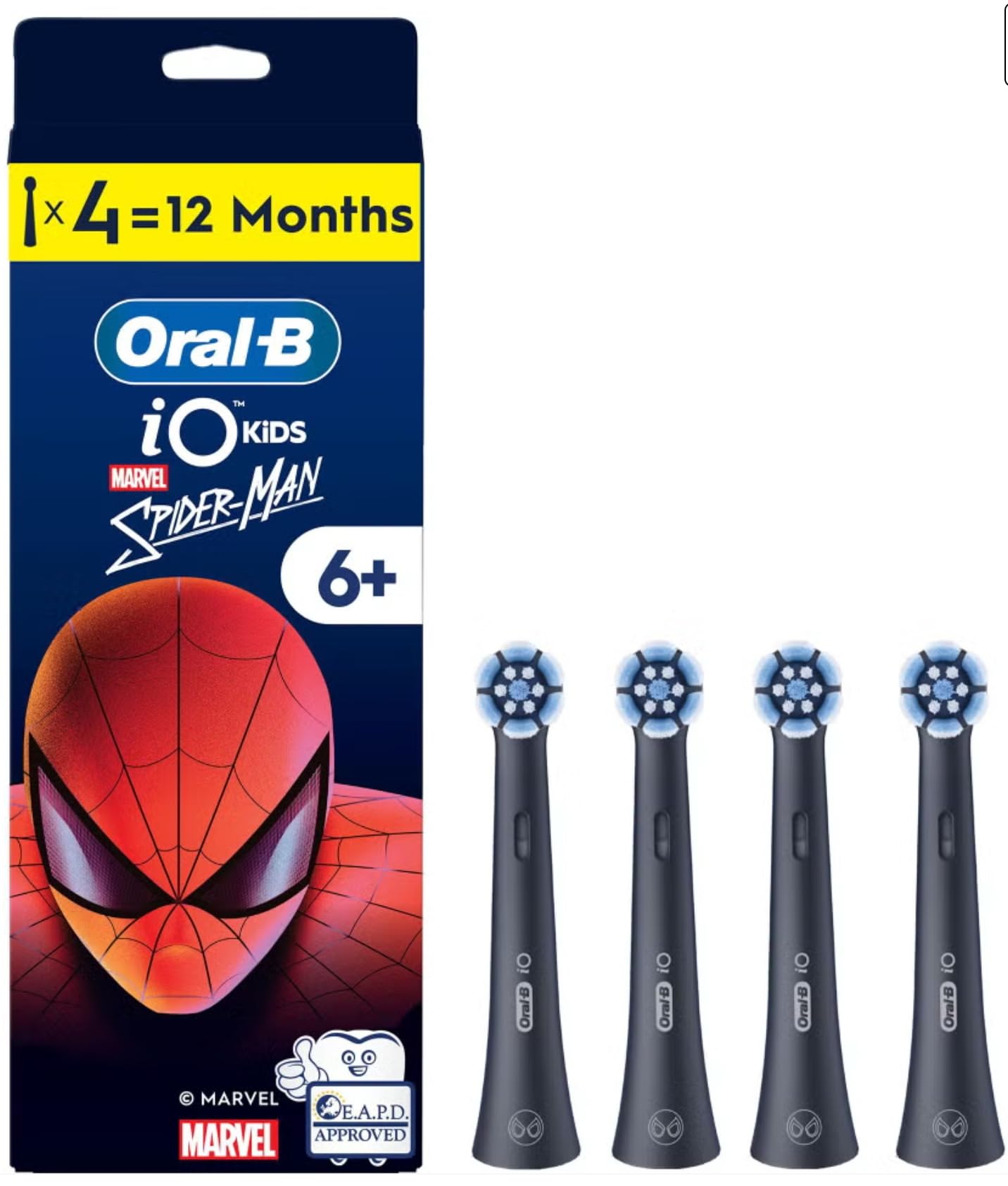 Oral-B iO Kids 6+ Marvel Spiderman - Set di 4 testine originali per spazzolino elettrico Oral-B iO Kids per bambini dai 6 anni in su, delicato su denti e gengive, colore nero