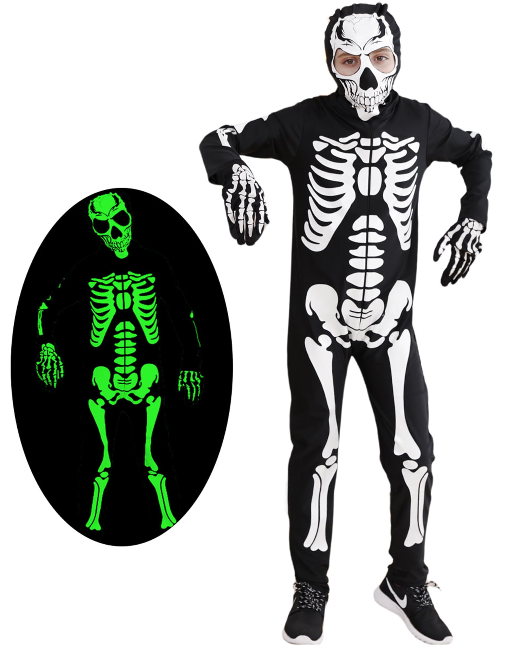 Belovecol Halloween Glow-in The-Dark Skeleton Bone Costume Kids Bodysuit with Glowing Gloves for Halloween Trick-or-Treating 5-14 T