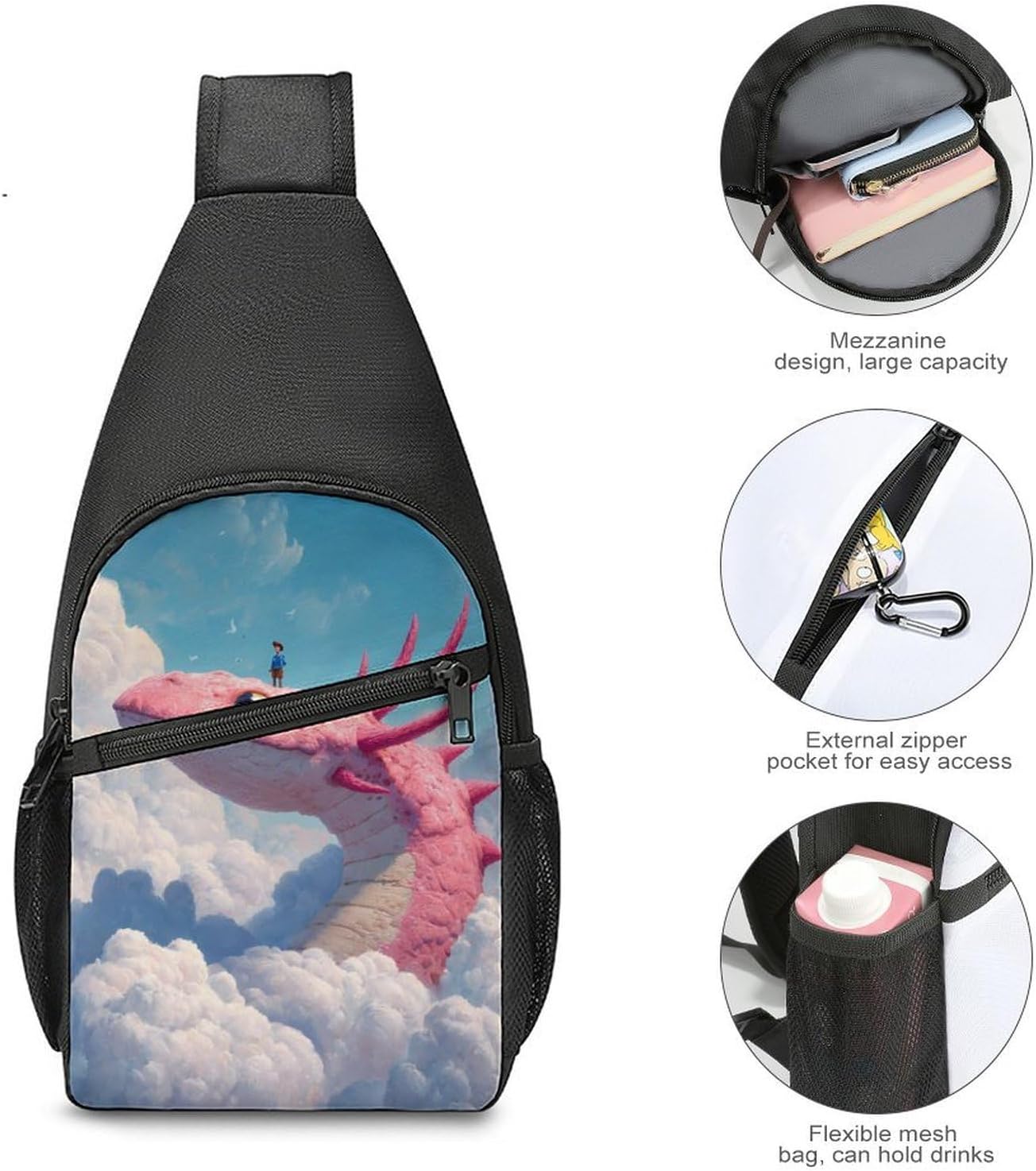 Strange Dragon Fantasy Axolotl Crossbody Sling Backpack Chest Bag Daypack | unisex,trendy,with convertible and detachable shoulder strap,side pockets