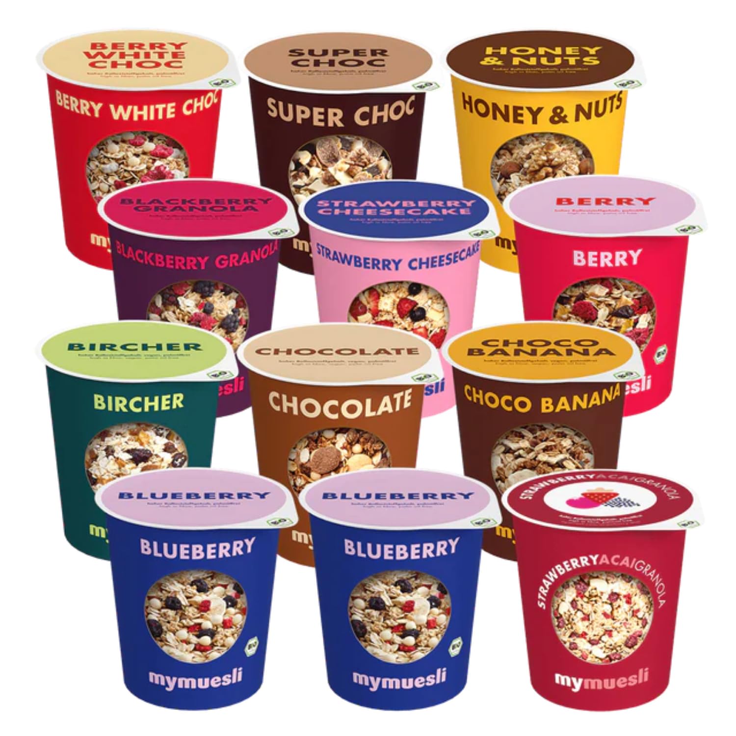 mymuesli BIO Muesli Premium Mix 2Go (12x 85g) - Variété de saveurs en portions pratiques pour un petit-déjeuner à la maison, à l'école, au travail ou en déplacement – de super chocolaté à délicieuseme