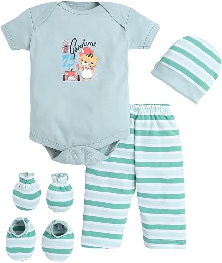 EIO Newborn Baby Cotton Romper Set – Onesie Bodysuit, Cap, Pants &amp; Booties with Mittens | Unisex Baby Clothing Combo for B...