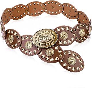 Womens Wide Western Cowboy Disc Belt, PU Leather Disc Belt, Vintage Cowgirl Concho Leather Belts for Jeans Dress Skirt 110...
