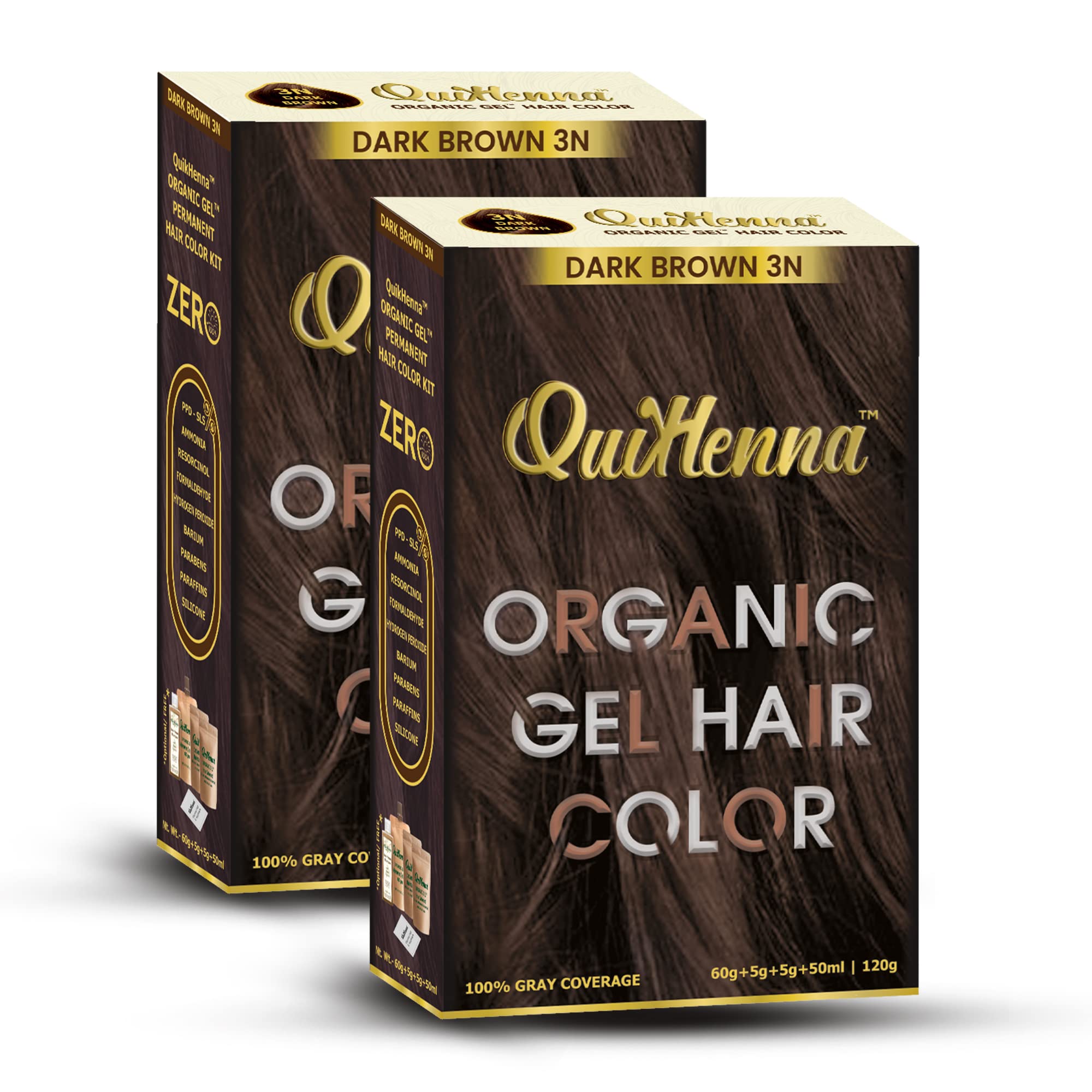 Organic Hair Colour Gel 3N Dark Brown - PPD & Ammonia Free Permanent Natural Hair Color, 100% Grey Coverage, Long Lasting Gel Colour for Men & Women, 120gm (Pack of 2)