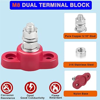 2 Pack 12V 250A Power Distribution Block 5/16 Single Stud Busbar M8 Terminal Bus Bar 12 Volt DC Battery Junction Post for Auto Boat Marine Solar System Positive and Negative