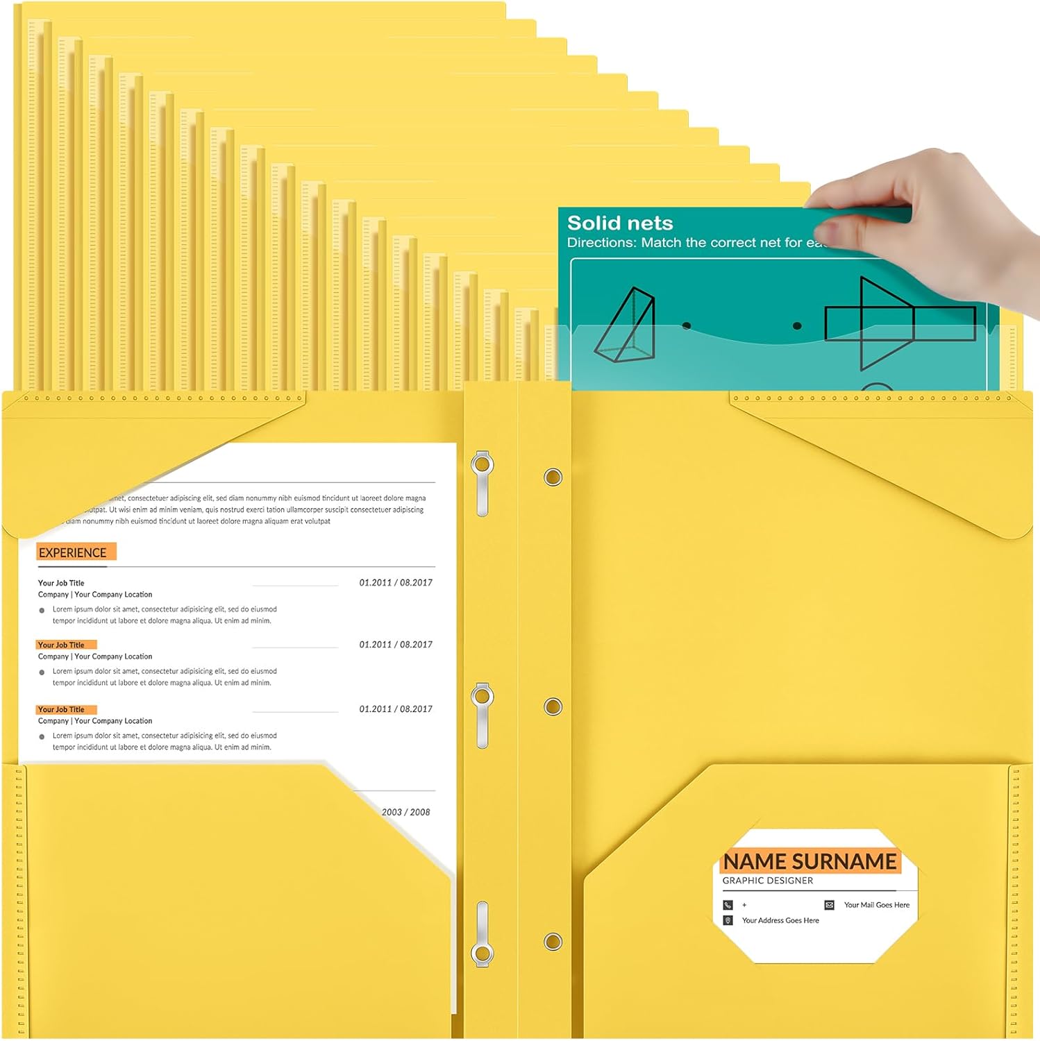 Henoyso 48 Pcs Plastic Folder with Clear Front Pocket and 3 Prongs Heavy Duty Plastic Folders with Card Slot Pocket Folders with Prongs for School Office Home(Yellow)