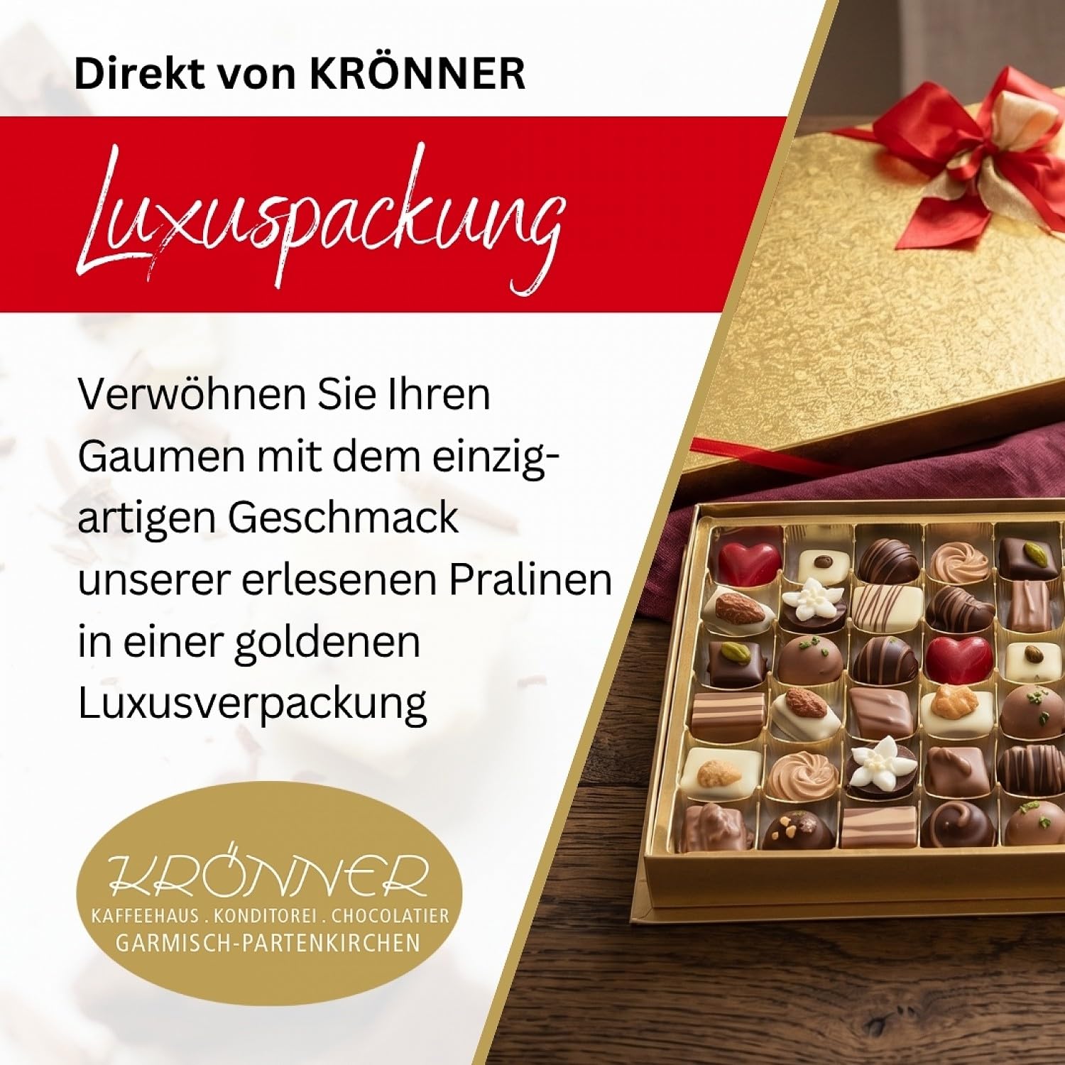 Krönner Luxuspackung 1000 g – Von Meisterhand gefertigte Pralinen – Luxus Pralinen Geschenk – Feinste Mischung – In edler goldener Geschenkverpackung mit Schleife