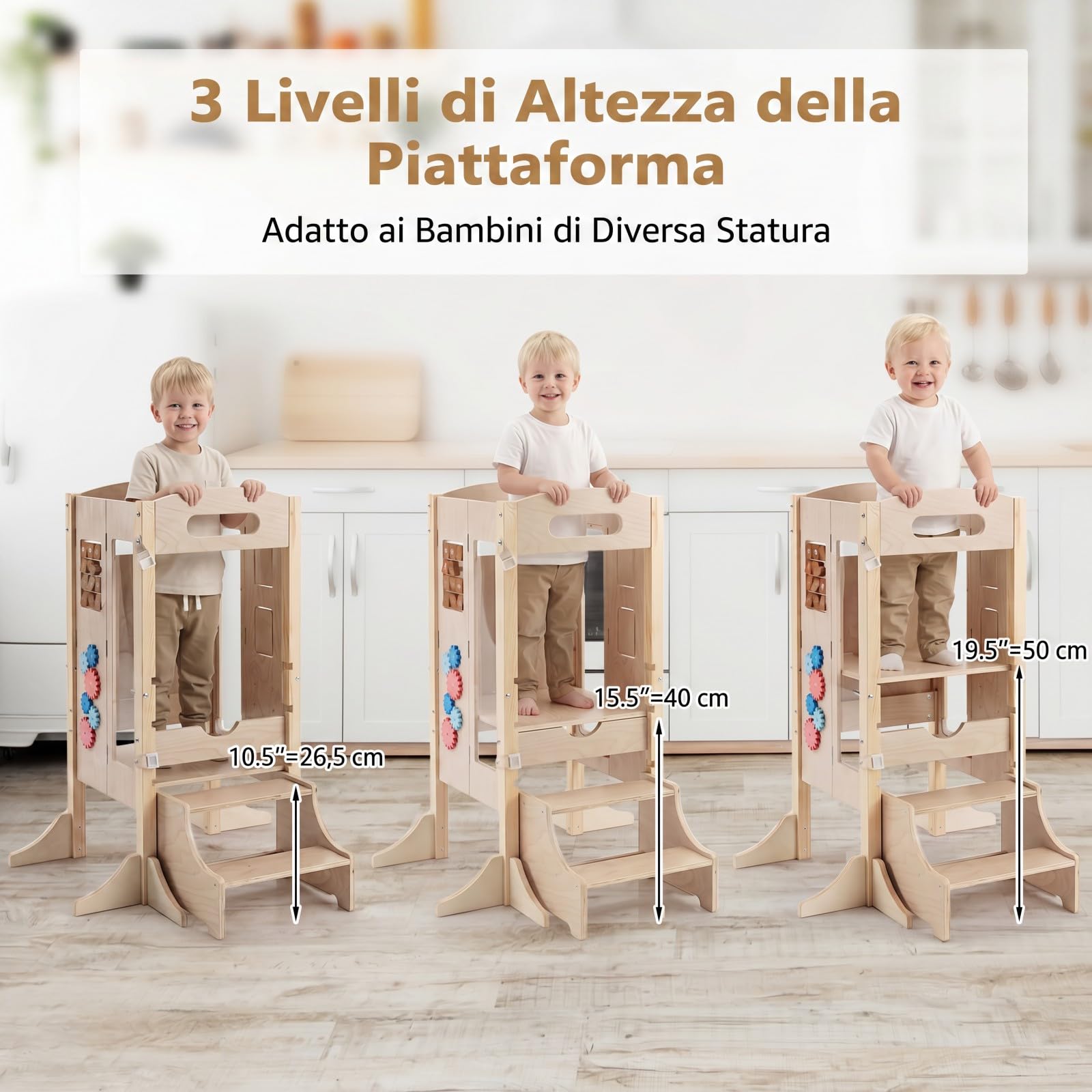 COSTWAY Torre Montessoriana Bambini, Torre di Apprendimento Pieghevole 3 in 1 con Altezza Regolabile, Lavagna Rimovibile e Pannello Educativo per Bambini 3+ Anni, 83,5 x 73 x 93 cm