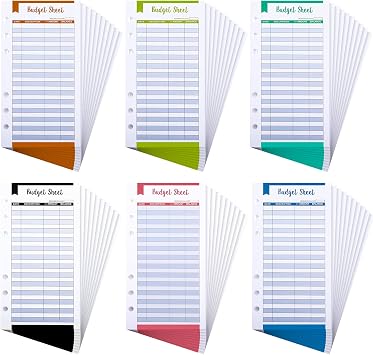 120 Pieces A6 Budget Sheets, 6 Rings Binder Expense Sheets Money Tracker Budget Inserts for Cash Envelope Planner Wallet Budgeting Organizer, 6 Colors