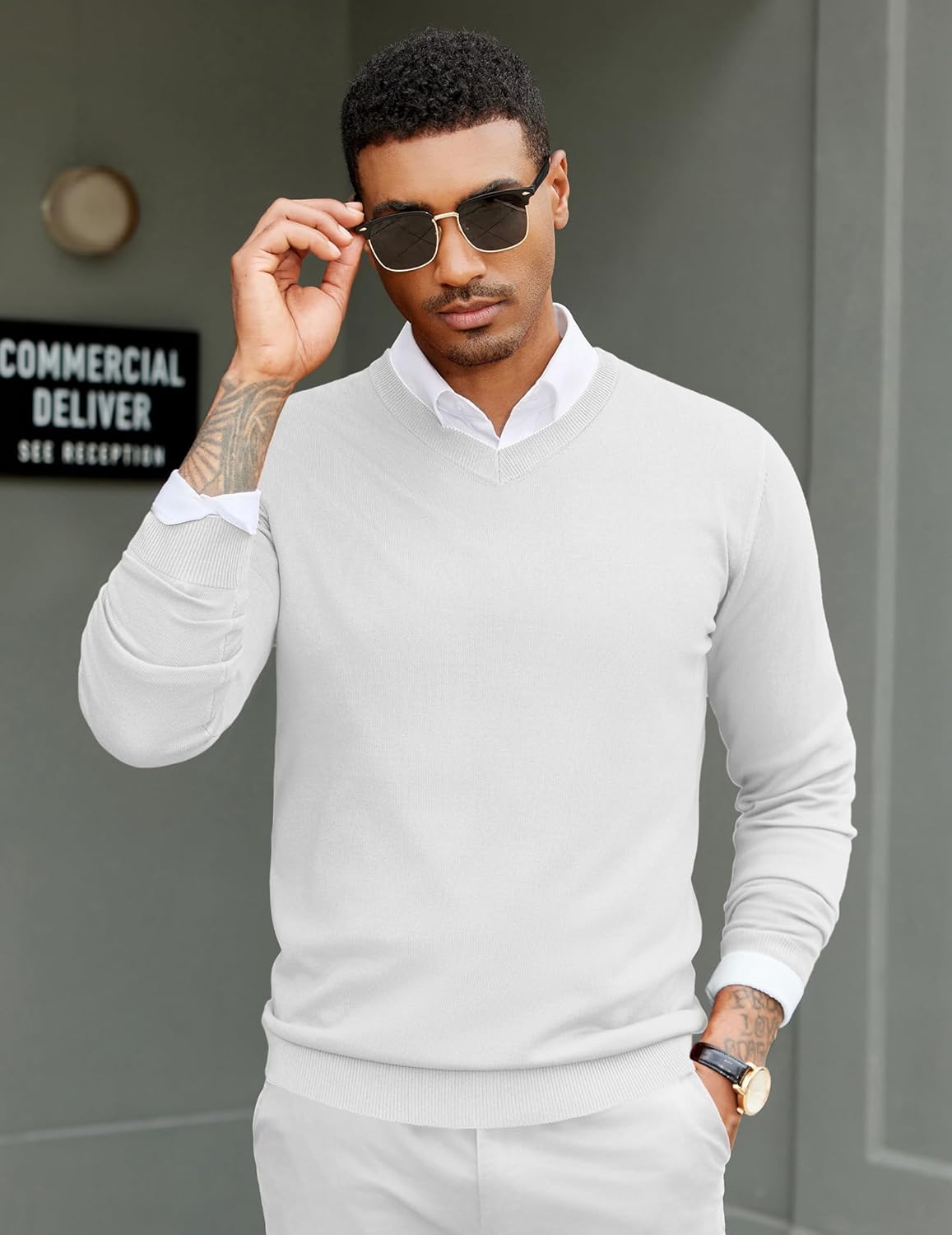 COOFANDY Men Casual V Neck Sweater Ribbed Knit Slim Fit Long Sleeve Pullover Top - Image 2