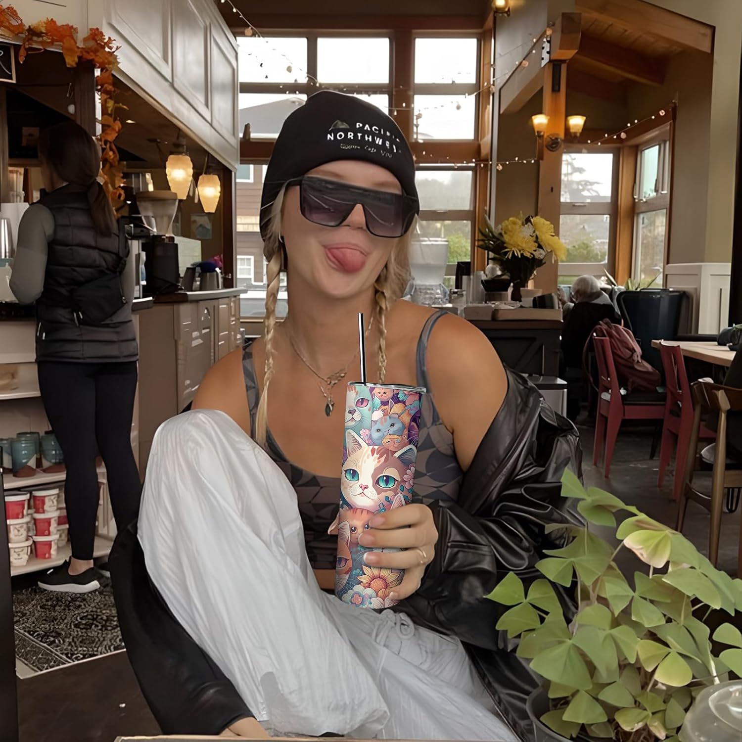 Cute Cat with Flower Tumbler with Handle and Straw, 20oz Stainless Steel Insulated Cup with Lid and Straw, Travel Mug Water Bottle, Gifts for Women - Image 4