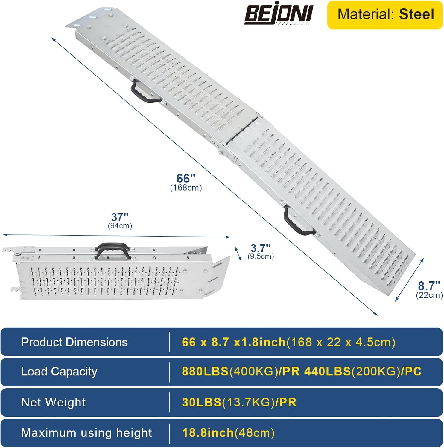BEJONI 66" Folding Truck Ramps, 880 Lbs Capacity Steel Loading Ramps for Pickup Trucks, Foldable Ramp for Lawn Mower, Motorcycle, Dirt Bike, ATV, UTV, Trailer, 2-Pack