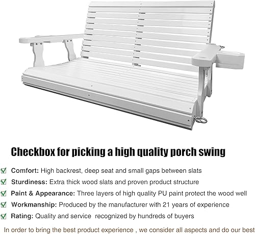 Miniatura 2 de Columpio de madera para porche de 2 plazas, columpio de banco con portavasos, cadenas colgantes y resortes de 0.276 in, resistente, 800 libras, para