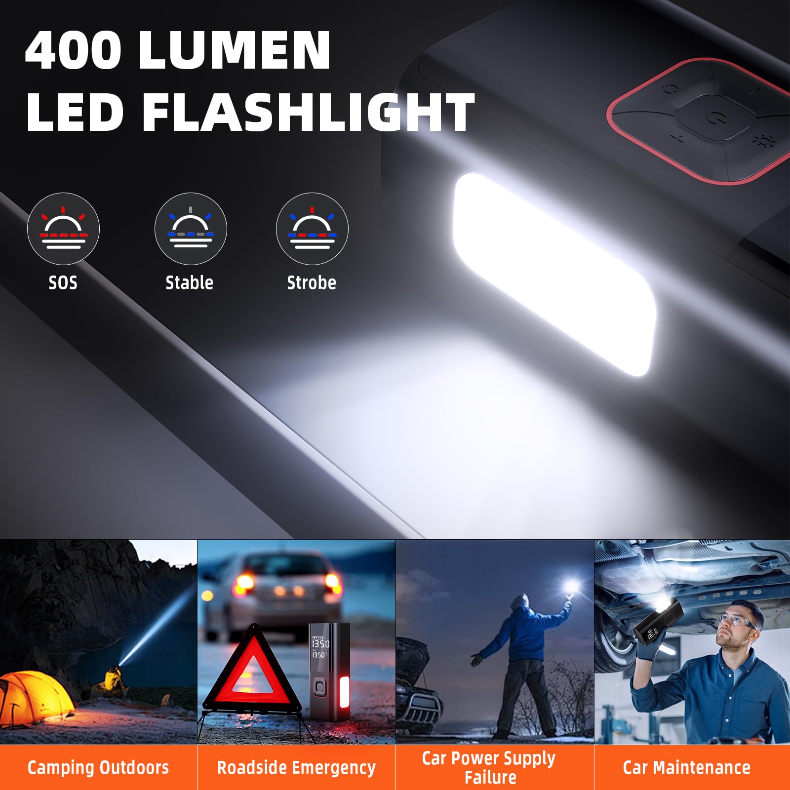 Jump Starter with Air Compressor, 5000A Battery Jumper Starter Portable (9L Gas/8L Diesel) with 160PSI Auto-Shutoff Tire Inflator, 12V Jump Box Car Battery Jump Starter with Jumper Cables, LED Light