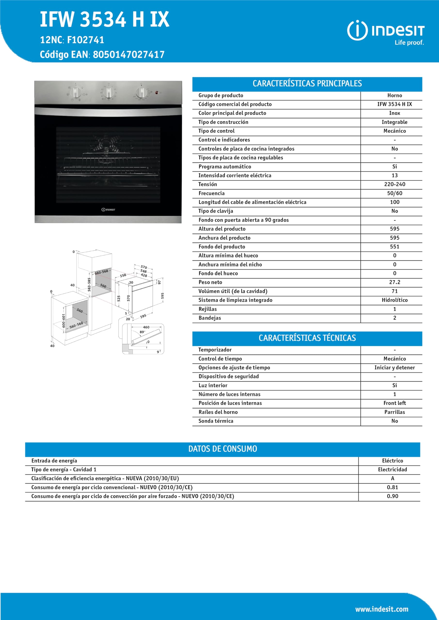 Indesit IFW 3534 H IX - Horno Multifunción Hidrolítico 71L