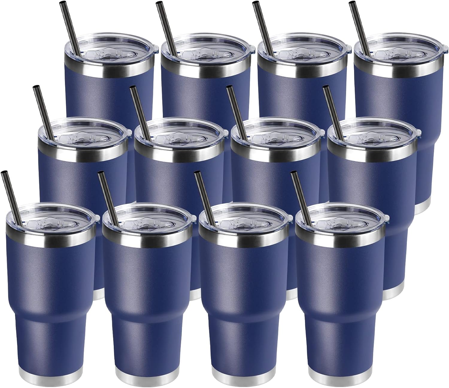 DOMICARE 30 oz Tumbler with Lid and Straw, Stainless Steel Tumblers Bulk, Insulated Vacuum Double Wall Travel Coffee Mug, Durable Powder Coated Tumbler Cups (Navy, 12)