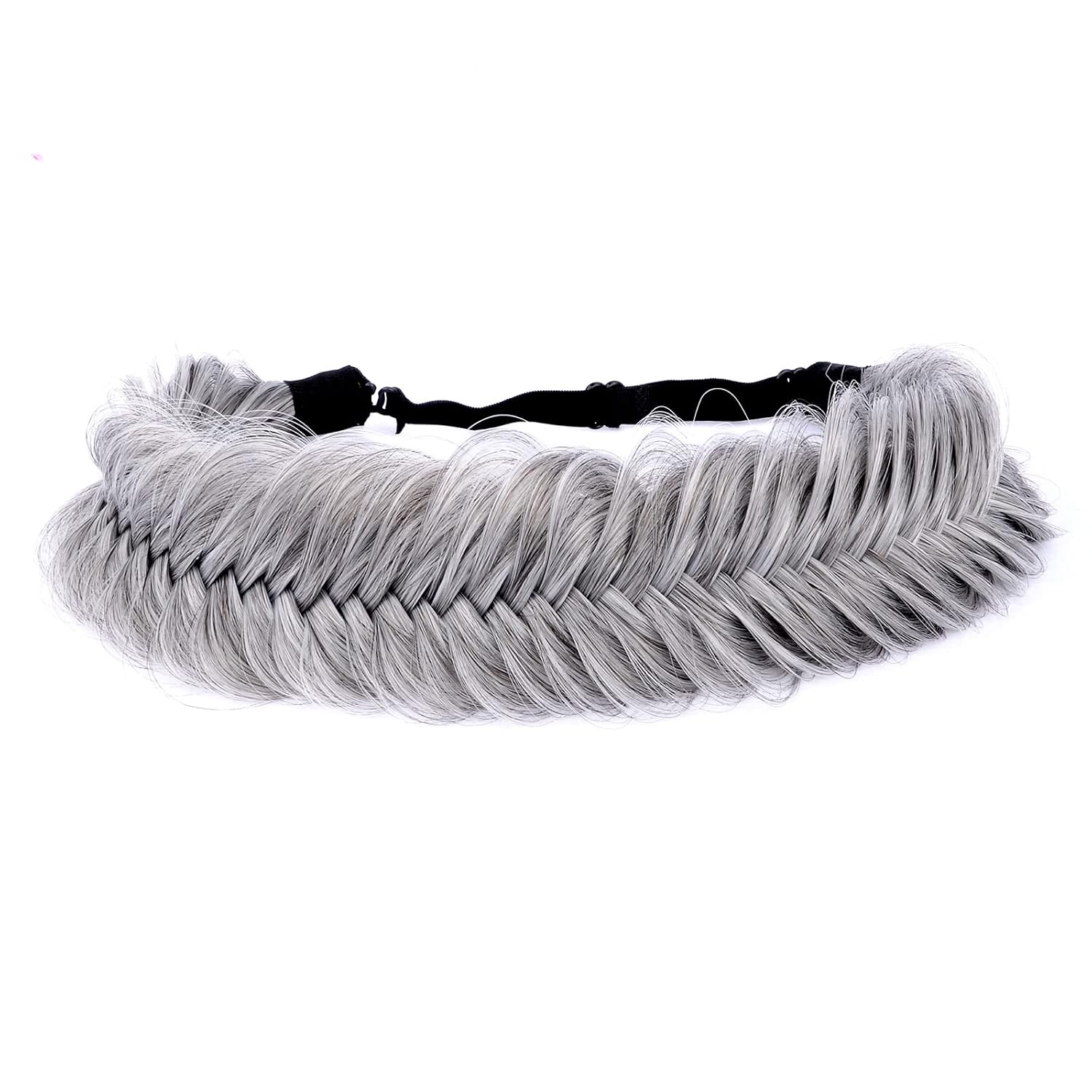 Wide Fishtail Headband for Women Synthetic Hair Plaited Braids Elastic Stretch Fishtail Headband (Salt Pepper)