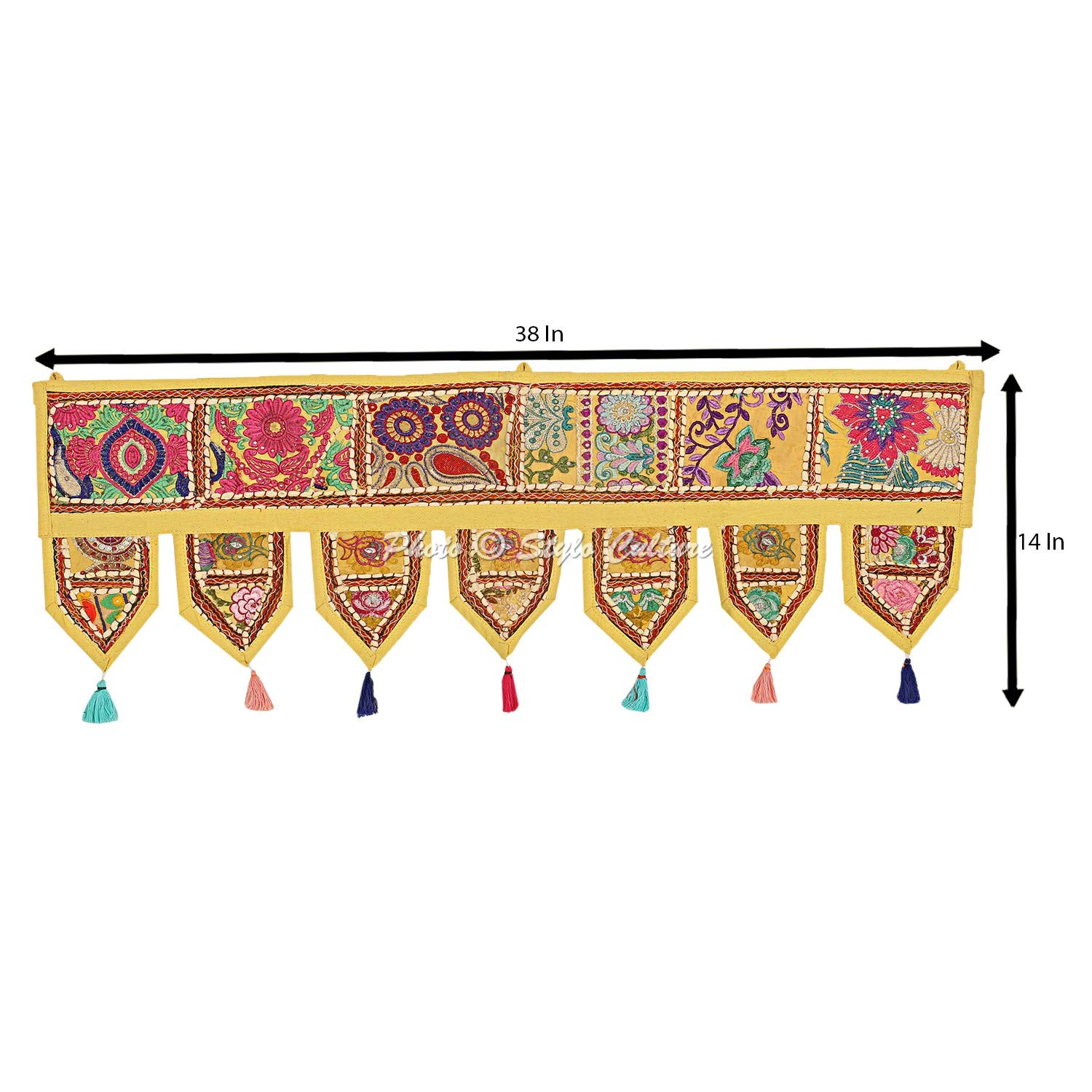 Mantovana Indiana Patchwork Ricamato Per Porte E Finestre - Giallo, 95x35 Cm (escluse Nappe)