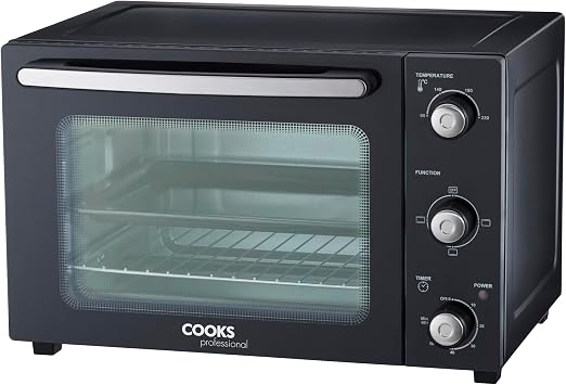Cooks Professional Mini Oven | Electric Multi Function Countertop Cooker | 34L Capacity | Adjustable Temperature Control & Timer | 1500W | Includes Roasting Dish & Wire Rack | Black and Silver [Energy Class A++]