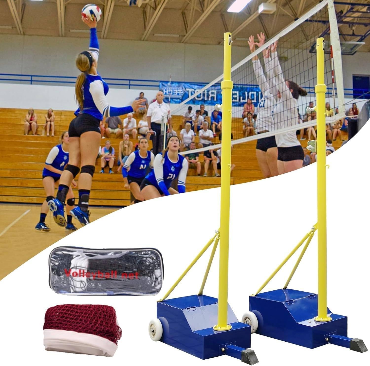 ZHLINGQ Volleyball Poles for Backyard, Indoor& Outdoor Heavy Duty Volleyball Stand with Volleyball Net/Badminton Net, Adjustable 4 Heights of 5.1ft-6.9ft with Wheels and Net, for Adults Kids Stadium