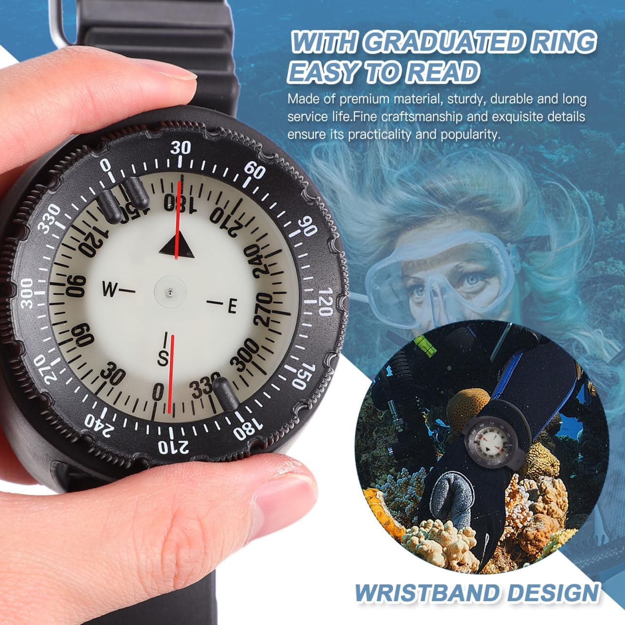 Portable Waterproof Wristband Compass Watch with Luminous Dial for Hiking Camping Diving Outdoor Navigation