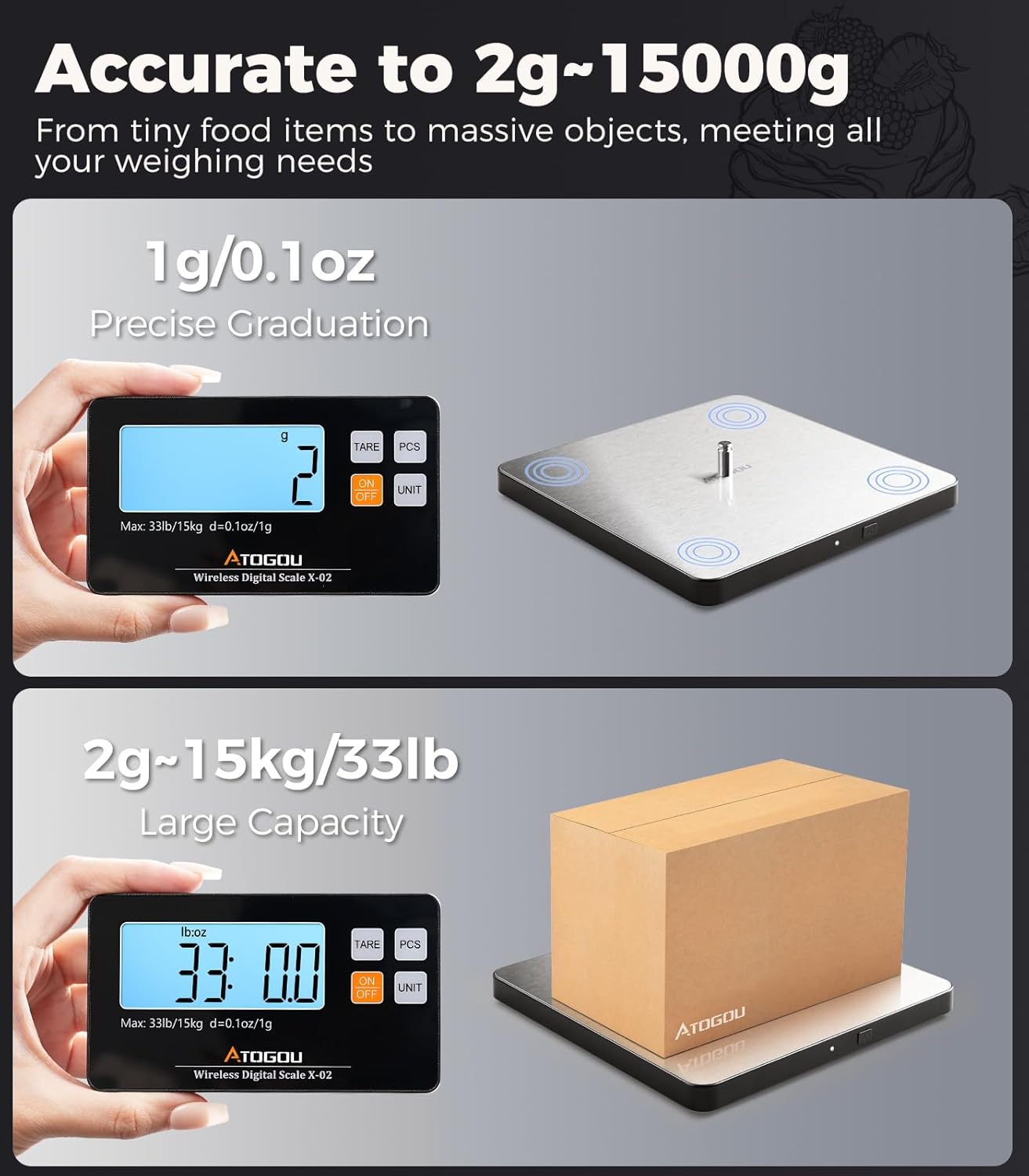 Atogou Upgraded Wireless Food Scale, 33lb/15kg Kitchen Scale with Detachable Display & Larger Platform, 0.1oz/1g, 9 Units, Counting Function, Stainless Steel, for Cooking, Baking, Shipping, Black