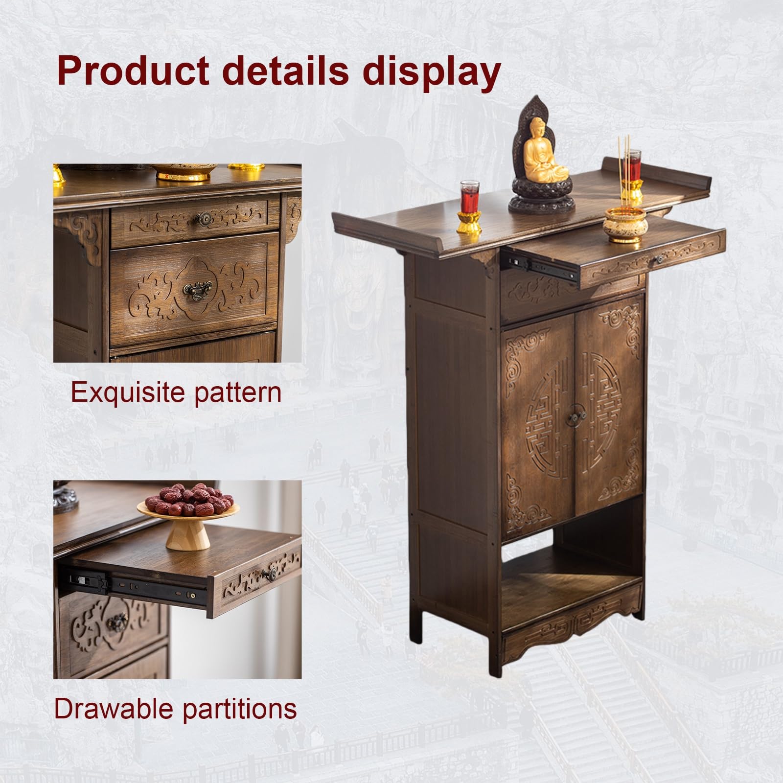 Tavolo da altare per meditazione con contenitore, design bordo e cassetto, ideale per pratiche spirituali e decorazioni, costruzione in legno