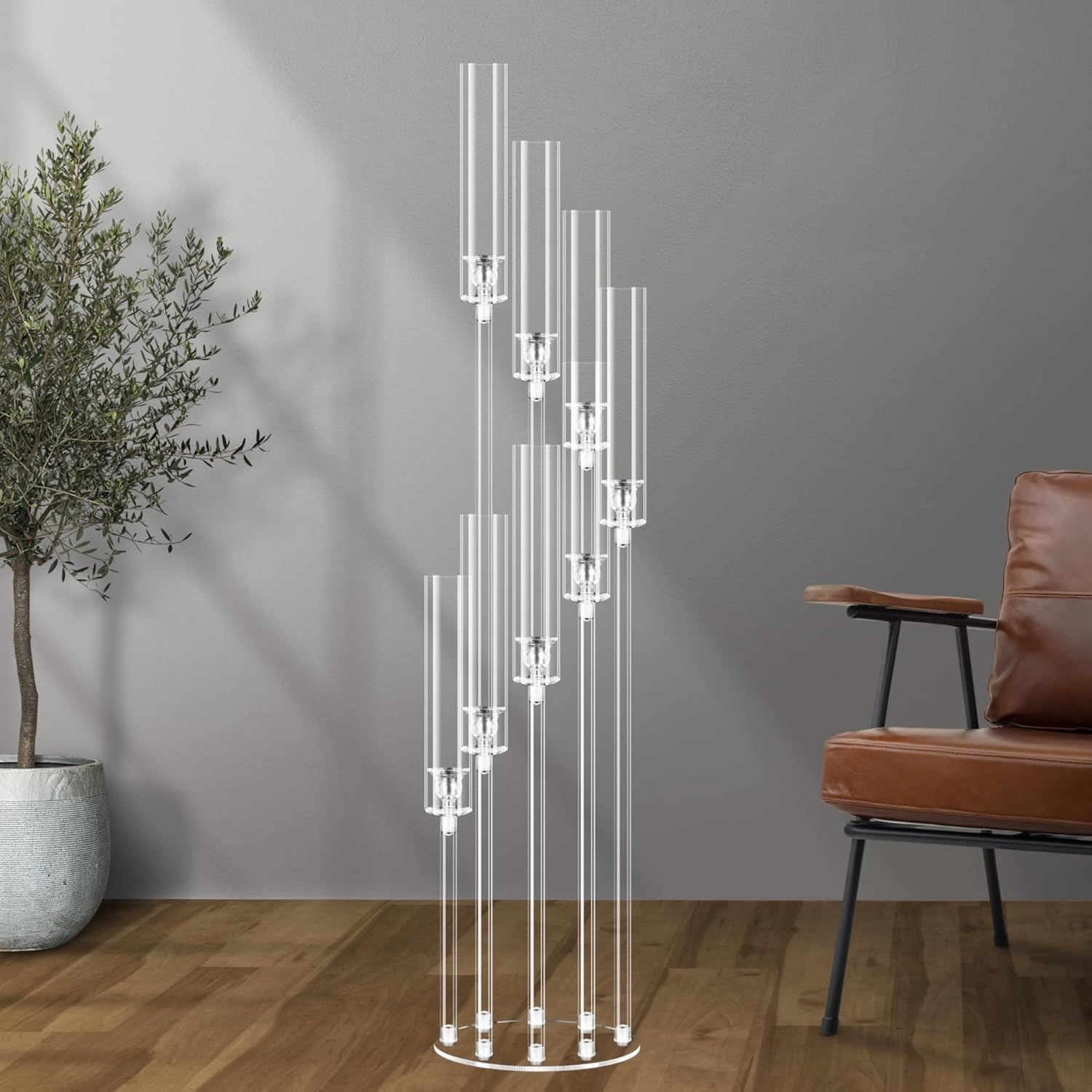 8 Arms 50" Tall Acrylic Candelabra Centerpieces, Clear Candle Holder for Wedding Party, Floor Candlestick Holders with Lampshade and Round Base, Fits LED Candle