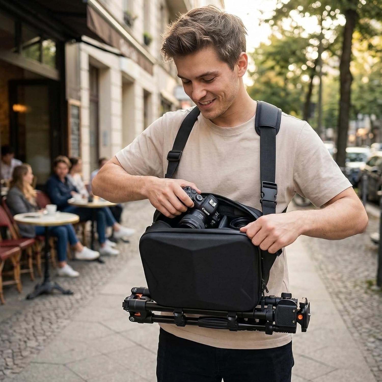Comecase Hard Shell Camera Sling Bag for DSLR & Mirrorless, Water-Resistant Crossbody Camera Case with Tripod Holder & Quick Access, Fits for Canon for Sony for Nikon, Travel & Street Photography Bag