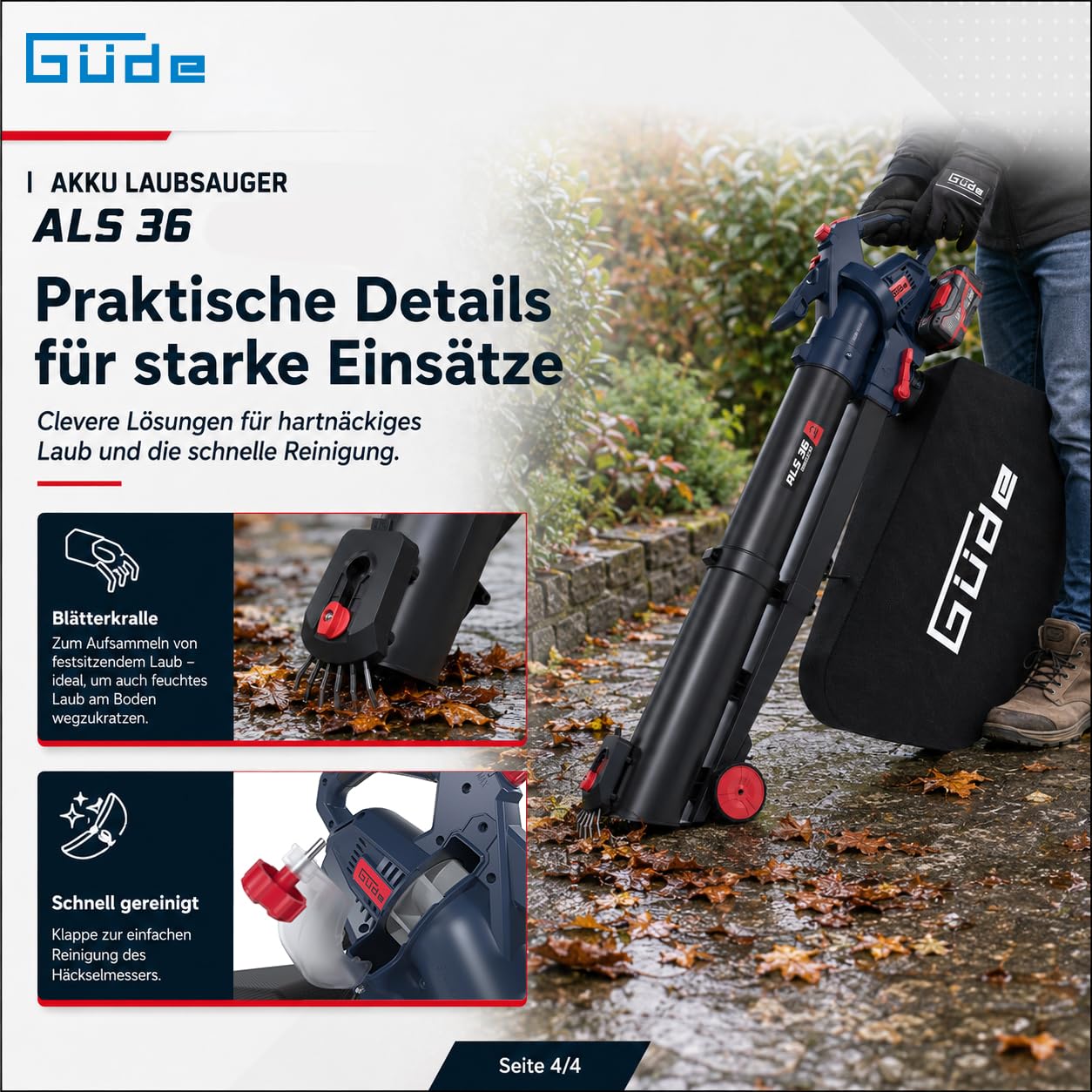 Güde Akku Laubsauger ALS 36-202-30-2 Stück 2 Ah Akkupack, Doppelladegerät | Saugen, Blasen, Häckseln, Vario-Speed mit Turbo, Blätterkralle, Reinigungsklappe, einstellbare Fahrrollen, 45 Liter Fangsack