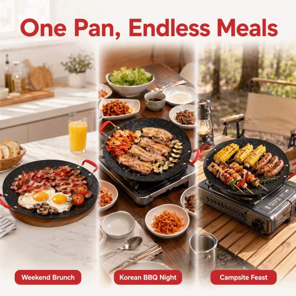 Korean Grill Pan, 11.81 Inch Nonstick Iron BBQ Griddle with Side Handles, Black Oval Pan for Gas, Induction, Camping