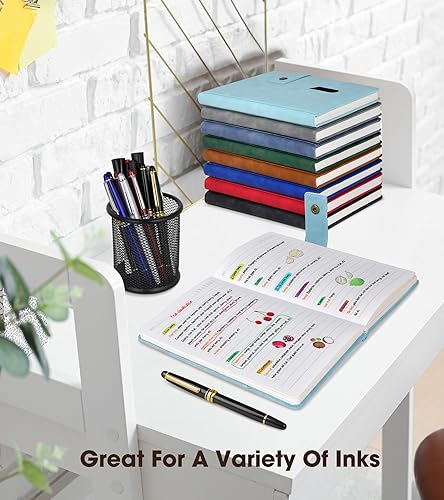 Miniatura 6 de Cuaderno de cuero rayado A5 para hombres y mujeres, diario de tapa dura de 5.9 x 8.4 pulgadas con bolígrafo, 200 páginas de papel rayado grueso de