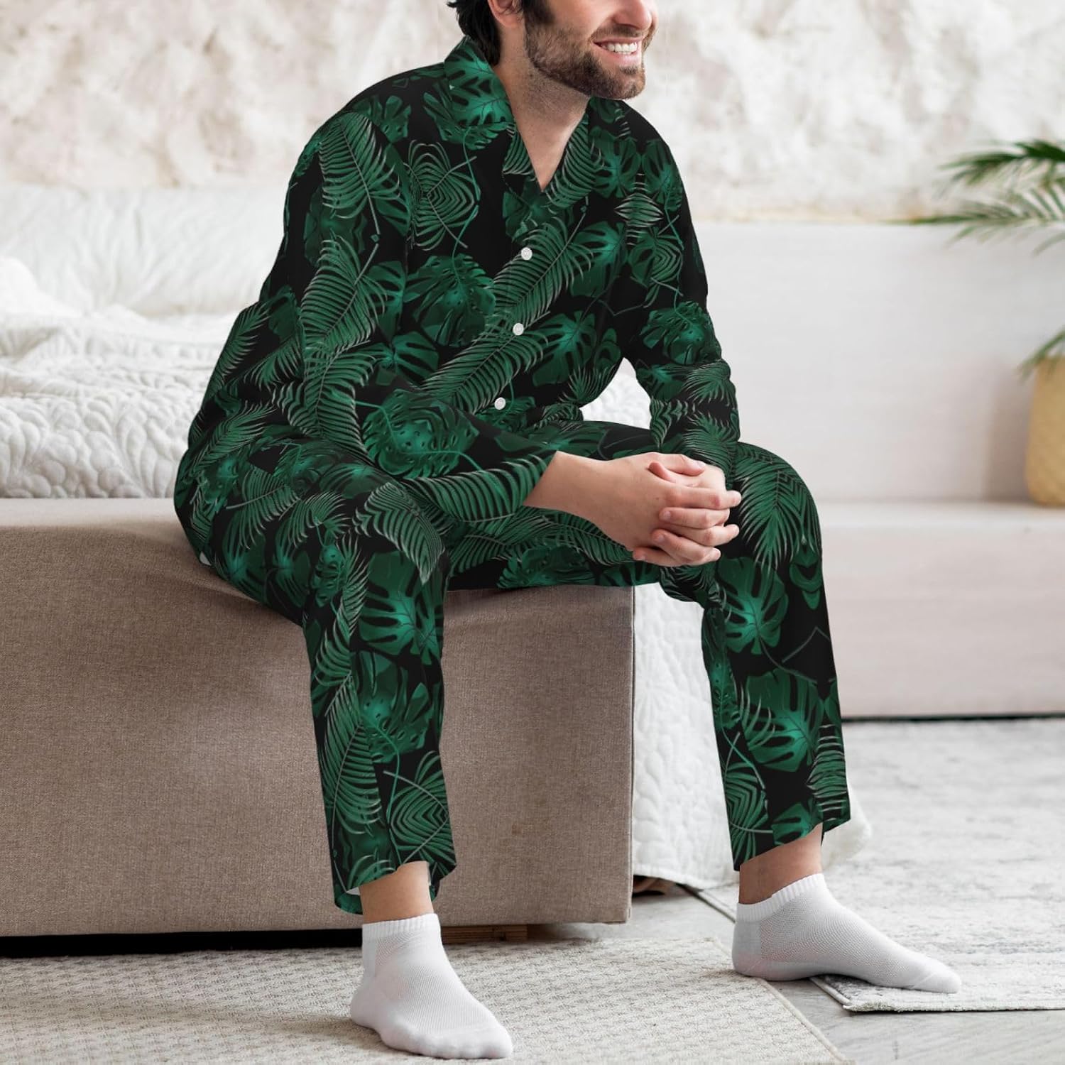Banana Leaf Green Print Luxurious Mens Pajamas Set,Breathable Pajamas Set,Perfect For Lounging Bed,Sofa