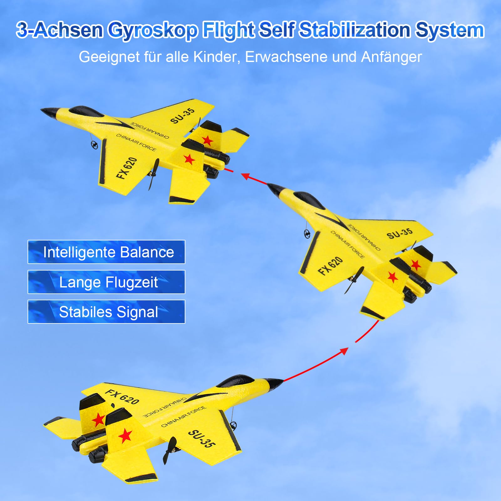 Henakmsl 2CH Aereo Telecomandato SU35, 2,4 GHz Aereo RC Aeroplano Telecomandato con 2 Batterie e Luci Colorate, Aliante Volante Telecomandato per Adatto a Bambini/Adulti/Principianti, Giallo