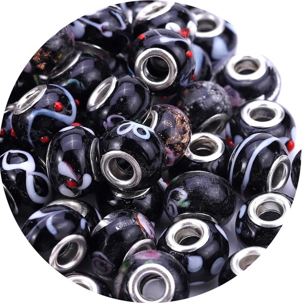 AIPRIDY 50 Pieces 13x9 mm Japanese Color Painting Murano Large Hole Glass Beads Mix Flower with Silver Brass Core European Floral Beads for Charm Jewelry Making
