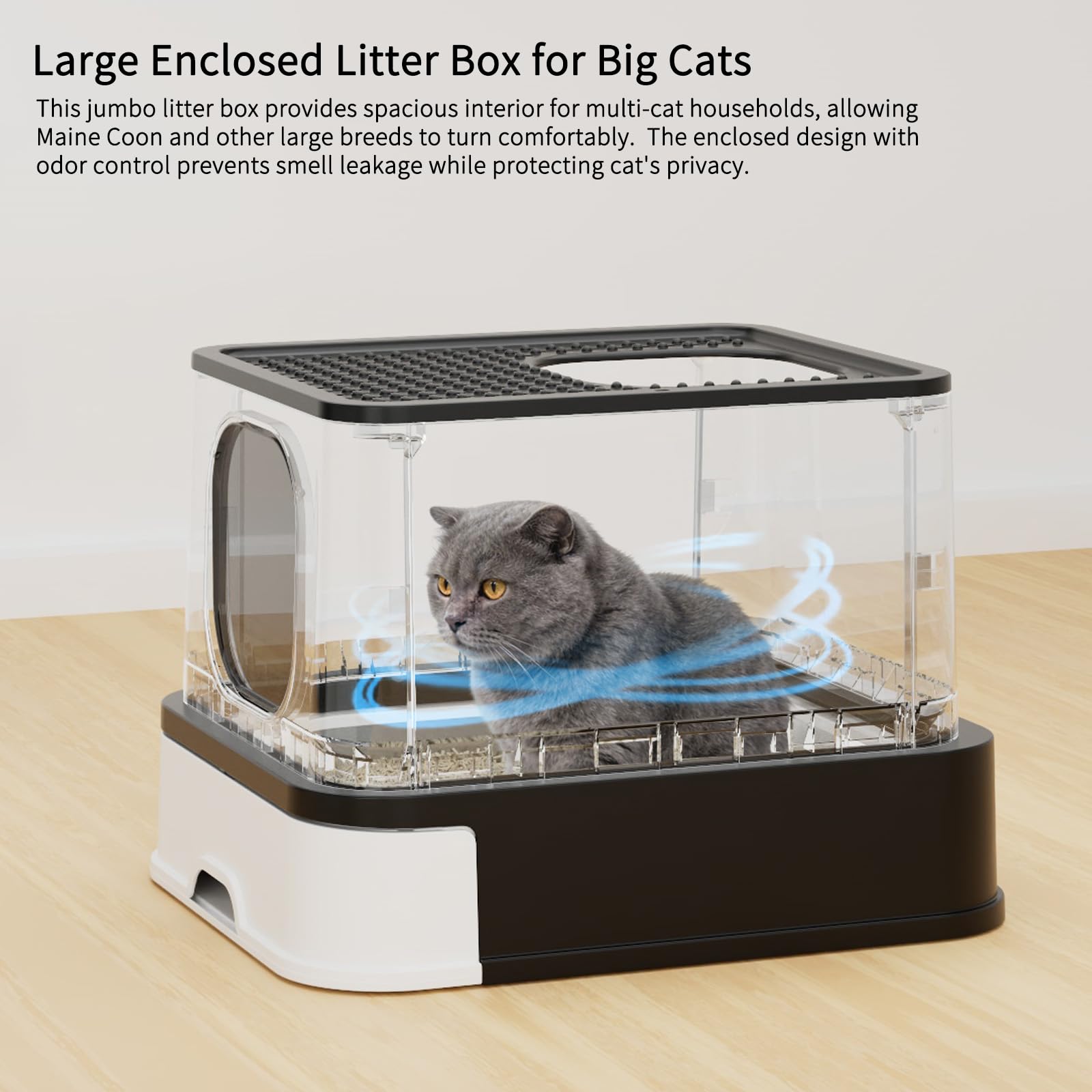 Sfozstra Grande lettiera per gatti: Lettiera chiusa a prova di perdite, in acciaio inox, per più gatti, inodore, utilizzabile in bagno (nero, L)