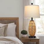 CINSARY 27" Boho Rattan Table Lamp with Night Light, Wicker Bedside Lamp with USB A+C Charging Port, Woven Coastal Bedroom Lamps for Nightstand, Tall Farmhouse Lamps for Living Room Single