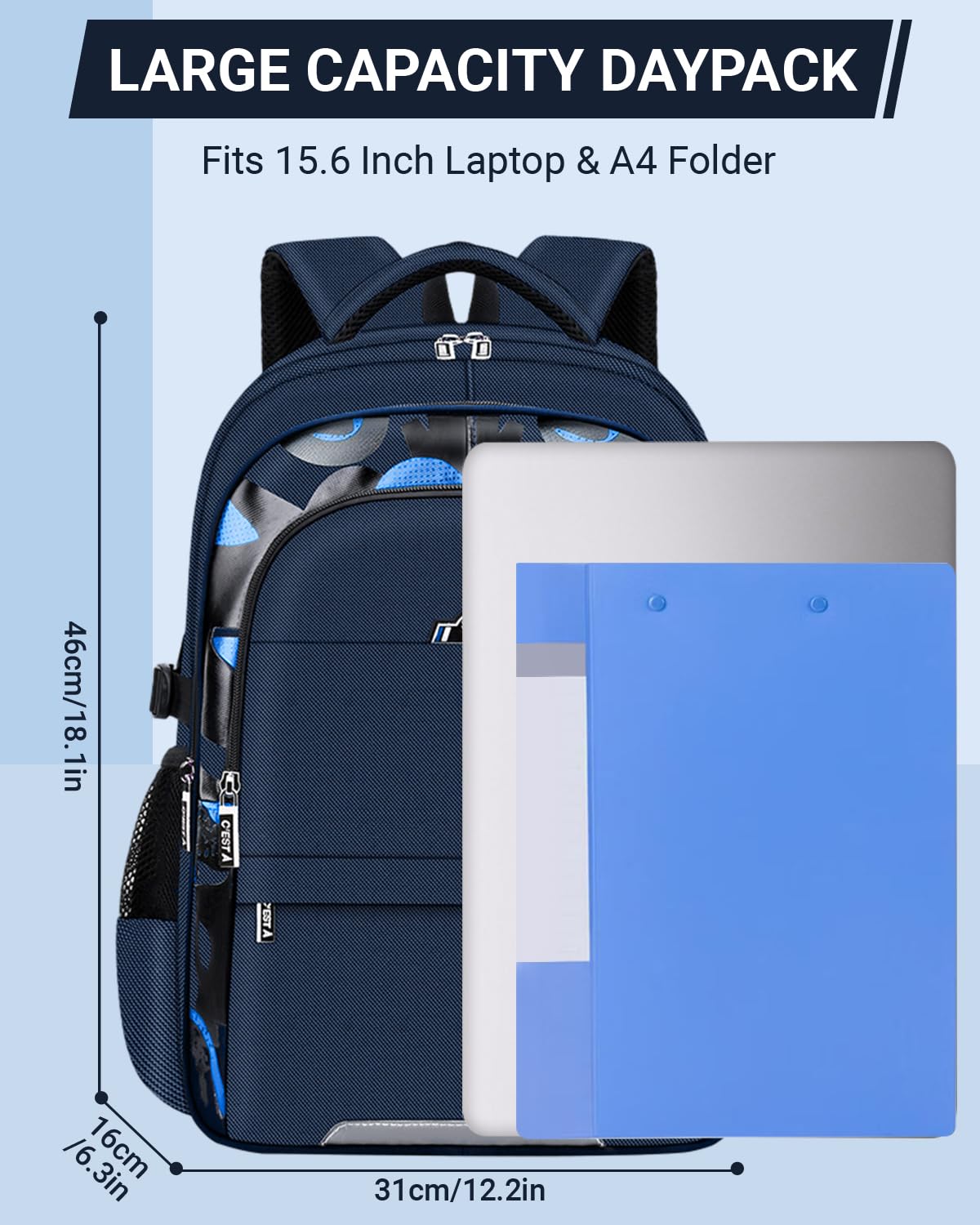 Amythe Sac Ecole pour Adolescent Enfants, Cartable Garcon Primaire Grande Capacité Loisir Sac à Dos pc Portable Imperméable, Sacs D'école Mode Idéal pour L'école et Les Voyages, Bleu foncé