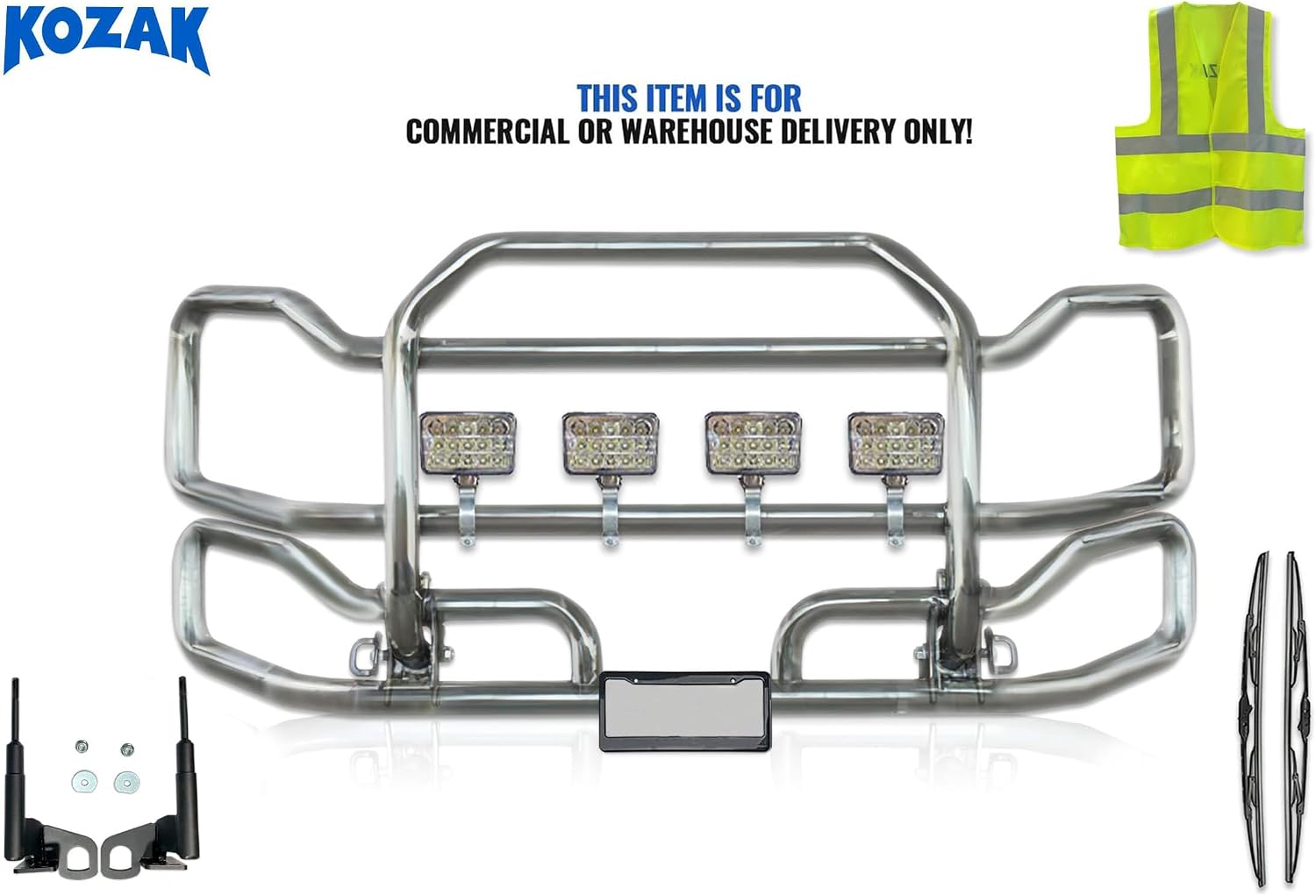 KOZAK Compatible With Freightliner Cascadia 2008-2017 Front Grille Deer Moose Brush Bumper Guard Large Plus Bracket, Logo, 4x 6" LED Lights, 2X 22'' Wipers, License Plate Holder and Frame and Vest