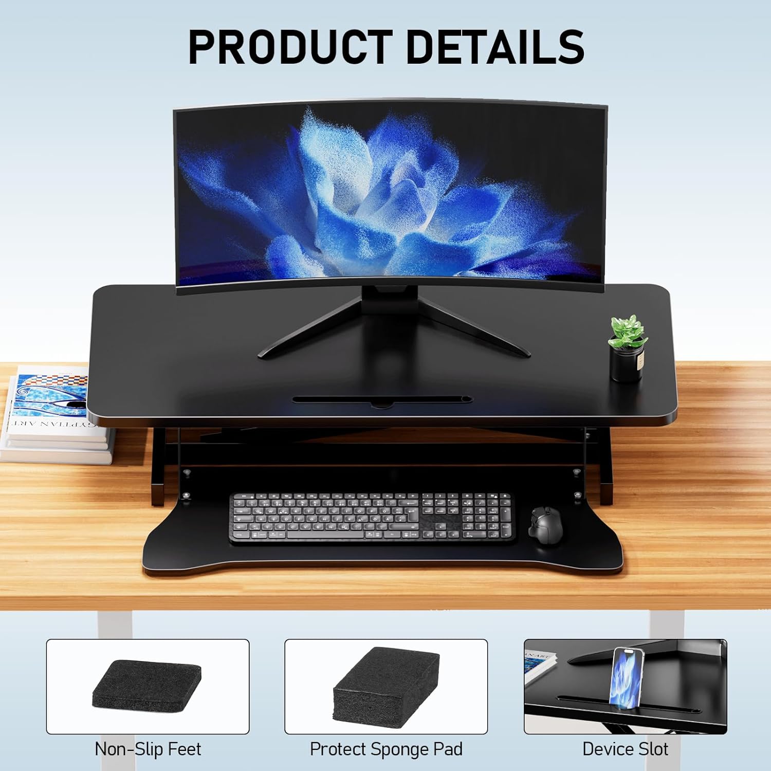 32" Stable Standing Desk Converter, Height Adjustable Sit to Stand Up Desk Riser with Keyboard Tray for Home or Office, Wide 2-Tier Desktop, Dual Monitor and Computer Workstation, Black