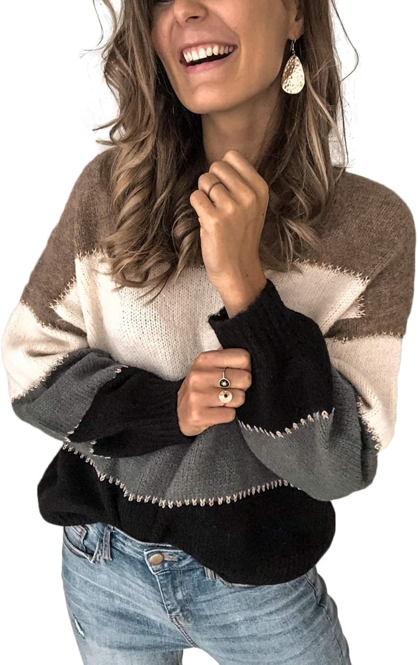 Kaei&Shi Color Block Sweater for Women Striped Colorblock Pullover Sweater Ballon Sleeve Knit Oversized Top
