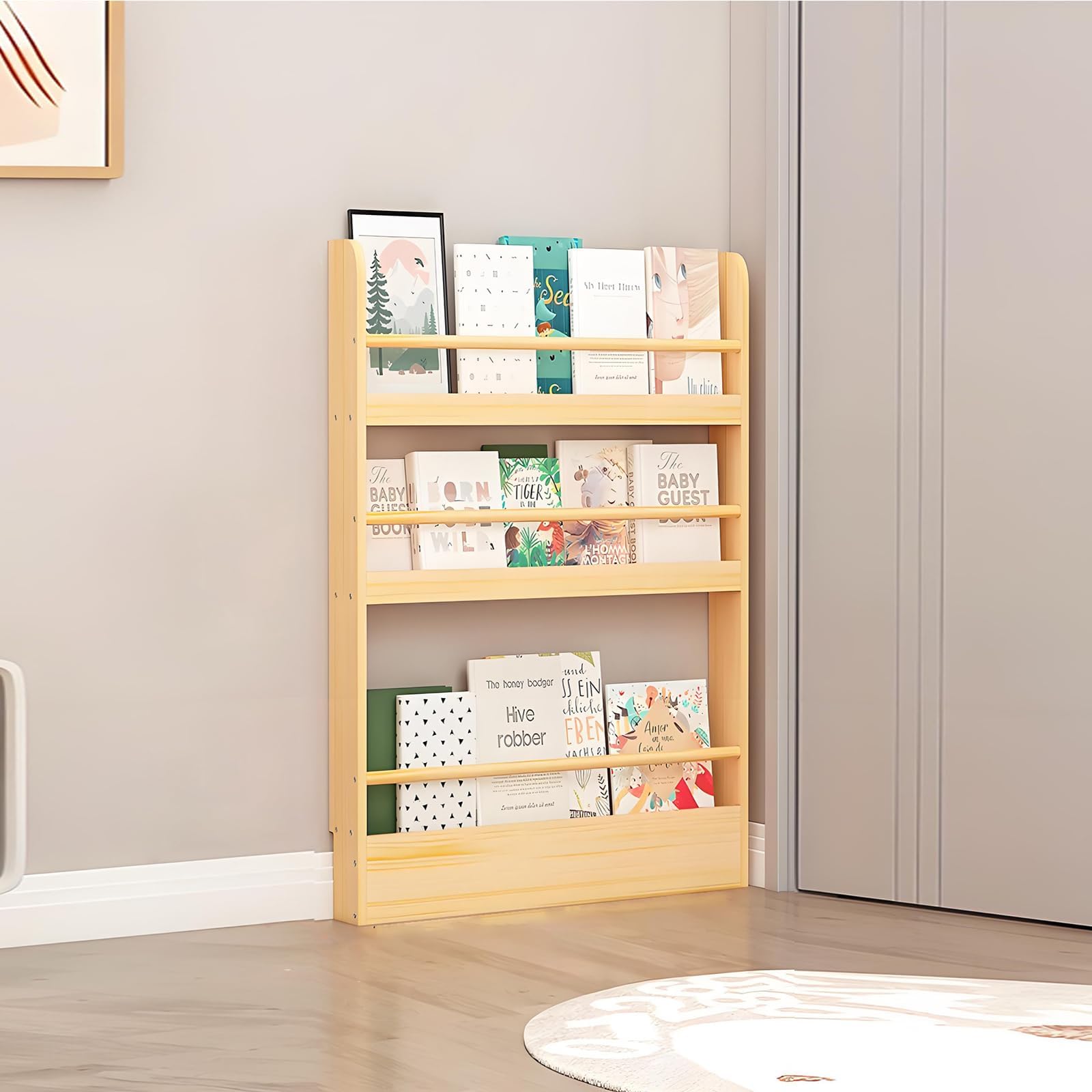 Book Shelf, Behind The Door Bookshelf, Wooden Kids Book Shelf 3/4/5/6 Tier, for Toys and Books, Space-Saving Wall Mount Narrow