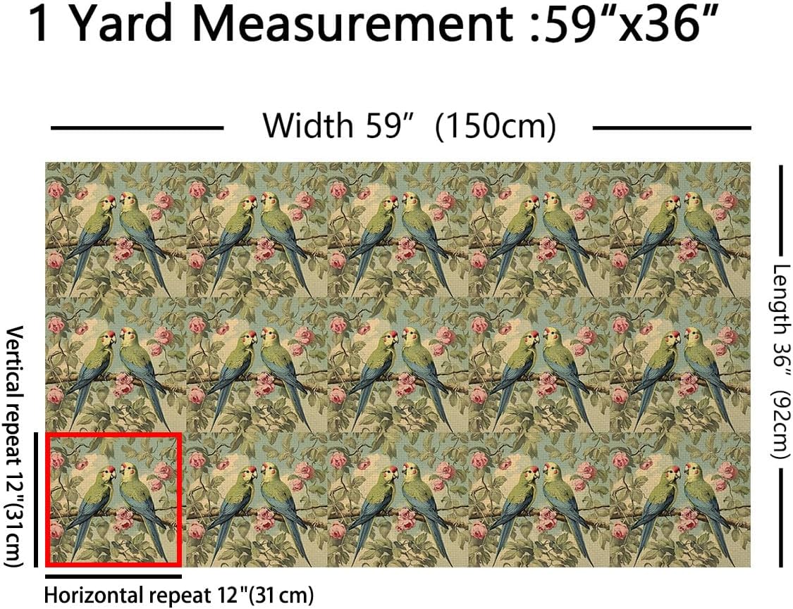 Erosebridal Cute Parrot Fabric by The Yard,Cartoon Wildlife Bird Upholstery Fabric for Kids,Watercolor Style Floral Flowers Branch Clouds Pattern for Quilting Sewing,3 Yards,Pale Pink Green Blue