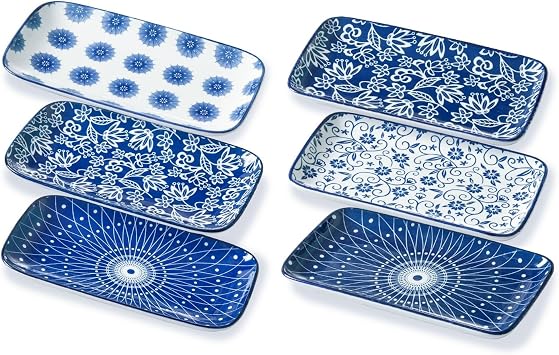 Ceramic Rectangle Salad Plates Set - 8.1" x 4.5" Rectangular Serving Trays - Serving Platter for Sushi Dessert Pasta Appetizer Dinner - Oven Microwave Dishwasher Safe - Set of 6 - Vintage Blue