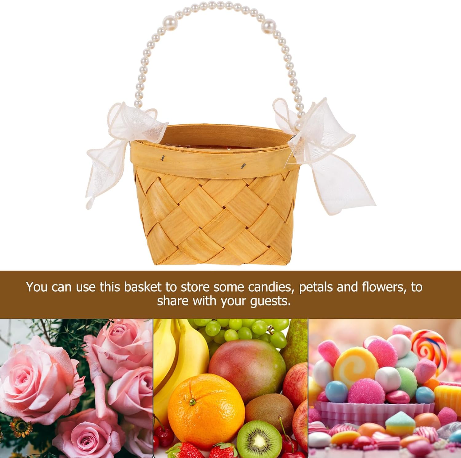 Rustic Pearl Handle Wedding Flower Girl Basket Woven Storage Basket for Party Supplies and Flower Packing Size 7 Wooden Handcrafted