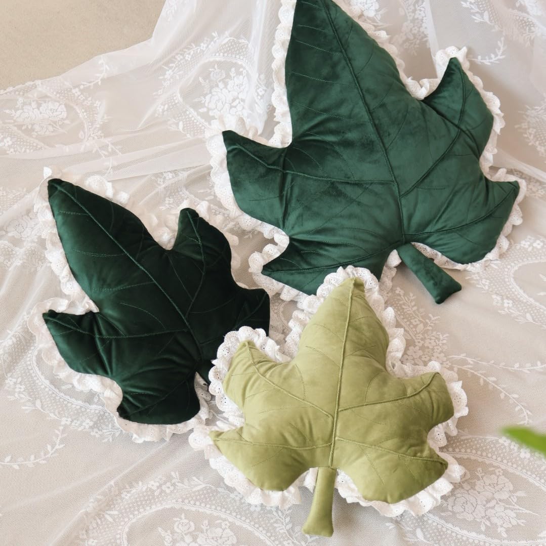 Leaves Throw Pillow, Maple Leaf Pillow, Decorative Throw Pillows with Lace Trim Plush Fall Pillow for Couch Sofa Bed (Light Green, 22" x 18.5")