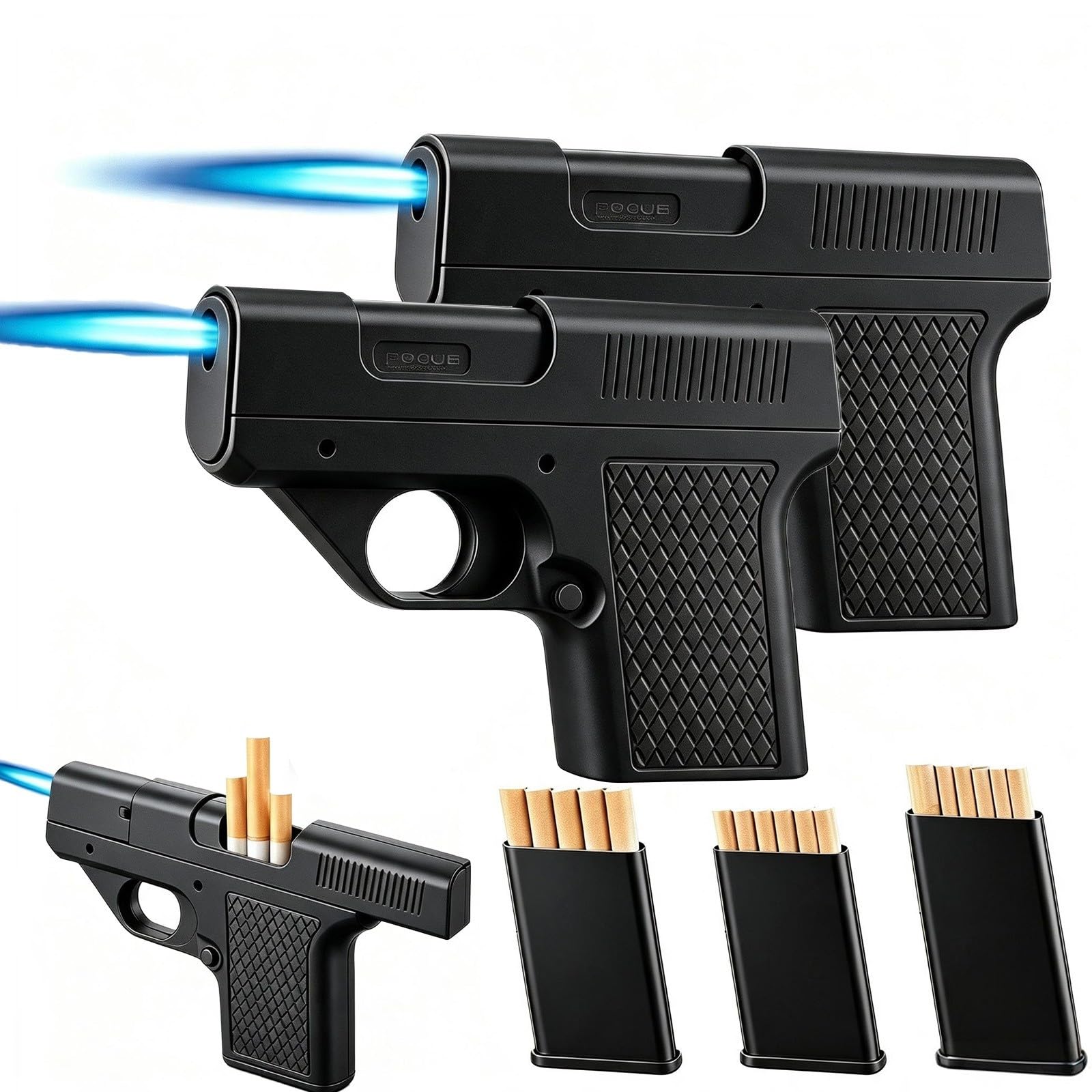 Windproof lighter (with cigarette case), blue jet flame.