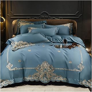 WALNUT Natural Cotton Gold Embroidery Bedding Set Queen King Quilt/Duvet Cover Bed Linen Fitted Sheet Pillowcase (Color : Blue, Size : Queen 200X230cm 4pcs)