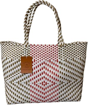 Dallas Hill Designs Handwoven Super Tote Bag for Women | Recycled Plastic Shoulder Purse | Summer Beach, Pool, and Travel Handbag White Pink & Gold